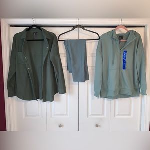 Lot of 3 green size Large Mondetta items: Shacket, full zip hoodie NWT, leggings